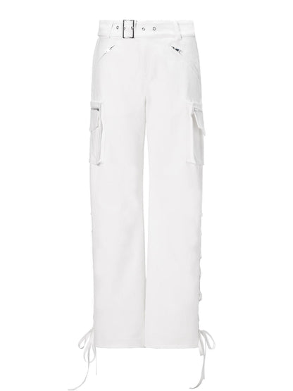 JYOSEI White Mid Low Waist Drawstring Cargo Pants Loose Wide Leg Trousers