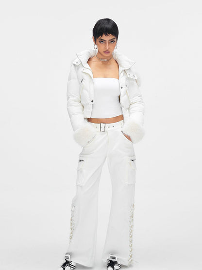 JYOSEI White Mid Low Waist Drawstring Cargo Pants Loose Wide Leg Trousers
