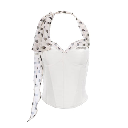 JYOSEI White Polka Dot Chiffon Scarf Splice Lace Up Boned Women&