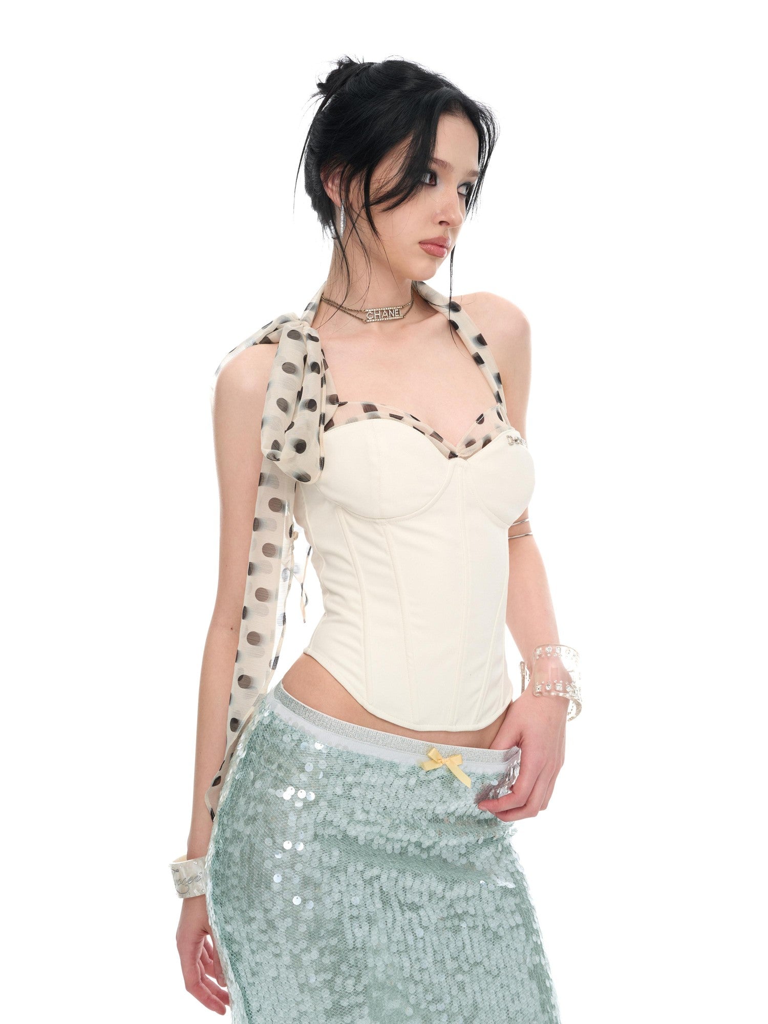 JYOSEI White Polka Dot Chiffon Scarf Splice Lace Up Boned Women&