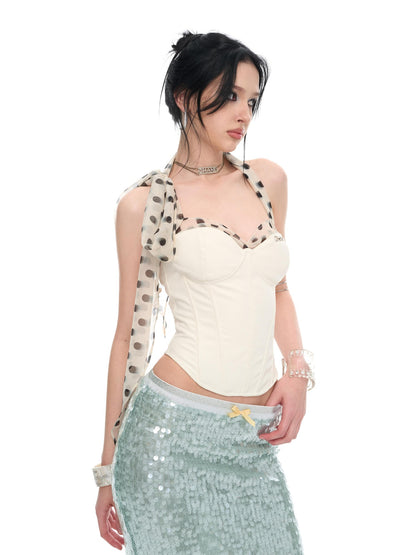 JYOSEI White Polka Dot Chiffon Scarf Splice Lace Up Boned Women&