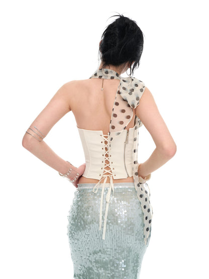 JYOSEI White Polka Dot Chiffon Scarf Splice Lace Up Boned Women&
