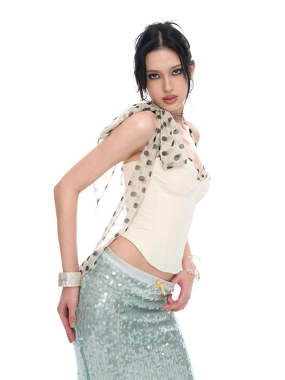 JYOSEI White Polka Dot Chiffon Scarf Splice Lace Up Boned Women&