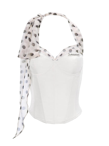 JYOSEI White Polka Dot Chiffon Scarf Splice Lace Up Boned Women&