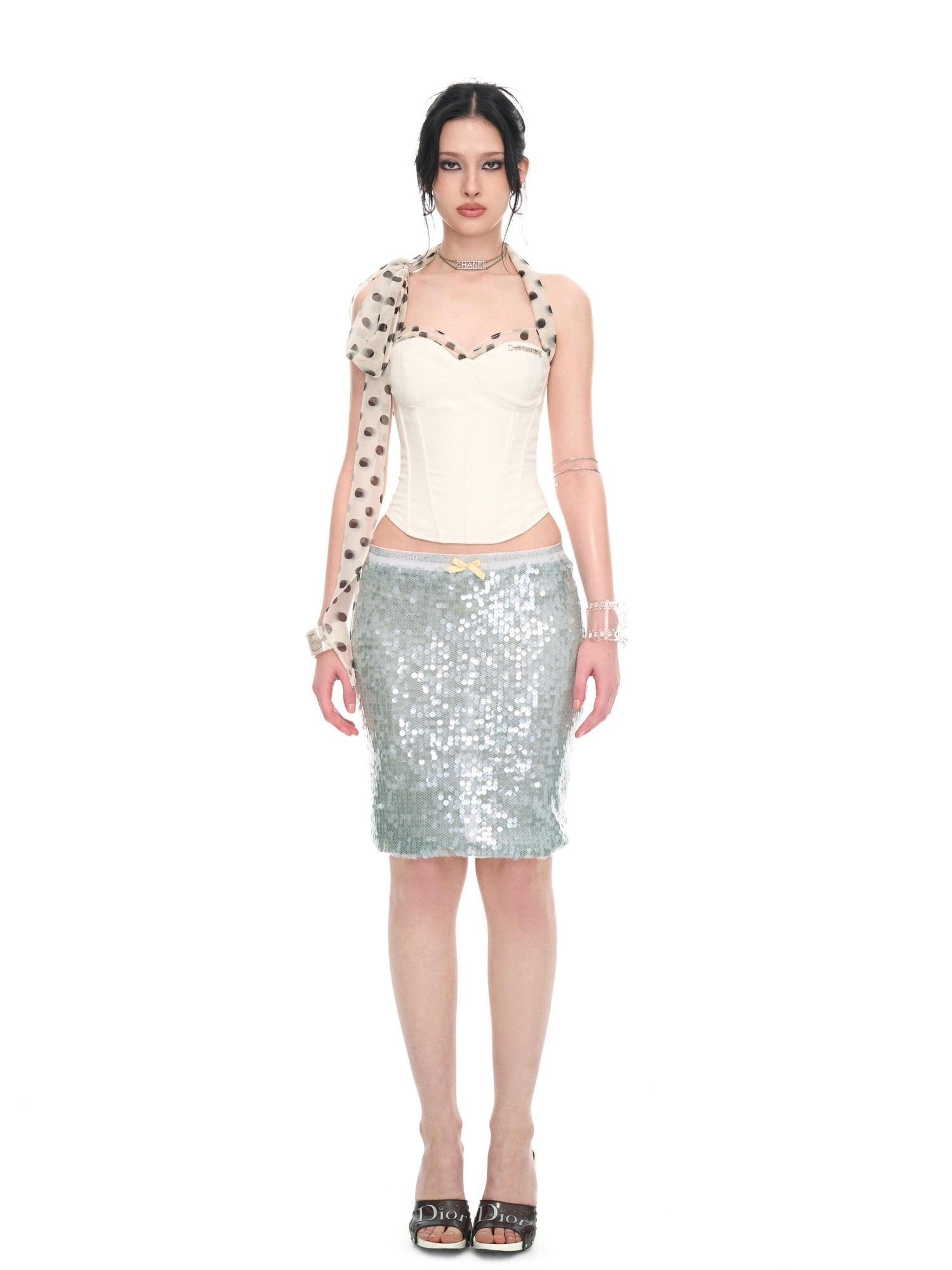 JYOSEI White Polka Dot Chiffon Scarf Splice Lace Up Boned Women&