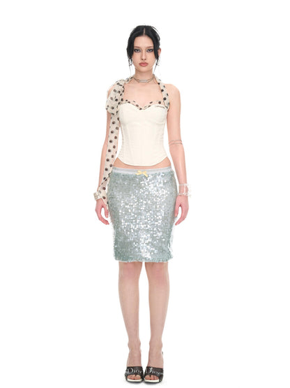 JYOSEI White Polka Dot Chiffon Scarf Splice Lace Up Boned Women&