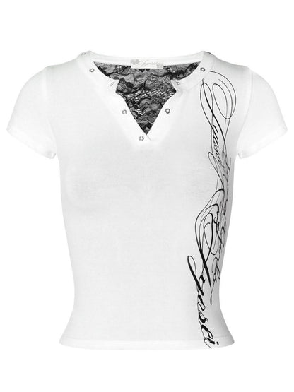 JYOSEI White Sheer Lace Cutout Letter Patchwork Women&