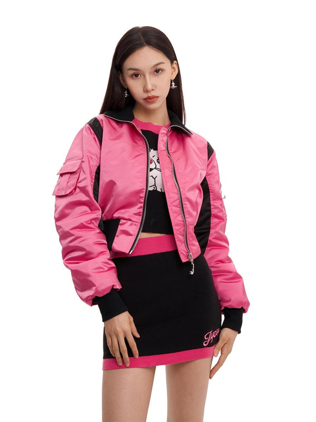 JYOSEI Women Black Pink Cropped Jacket With Pleated Detail
