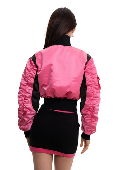 JYOSEI Women Black Pink Cropped Jacket With Pleated Detail