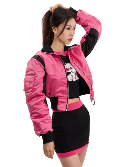 JYOSEI Women Black Pink Cropped Jacket With Pleated Detail