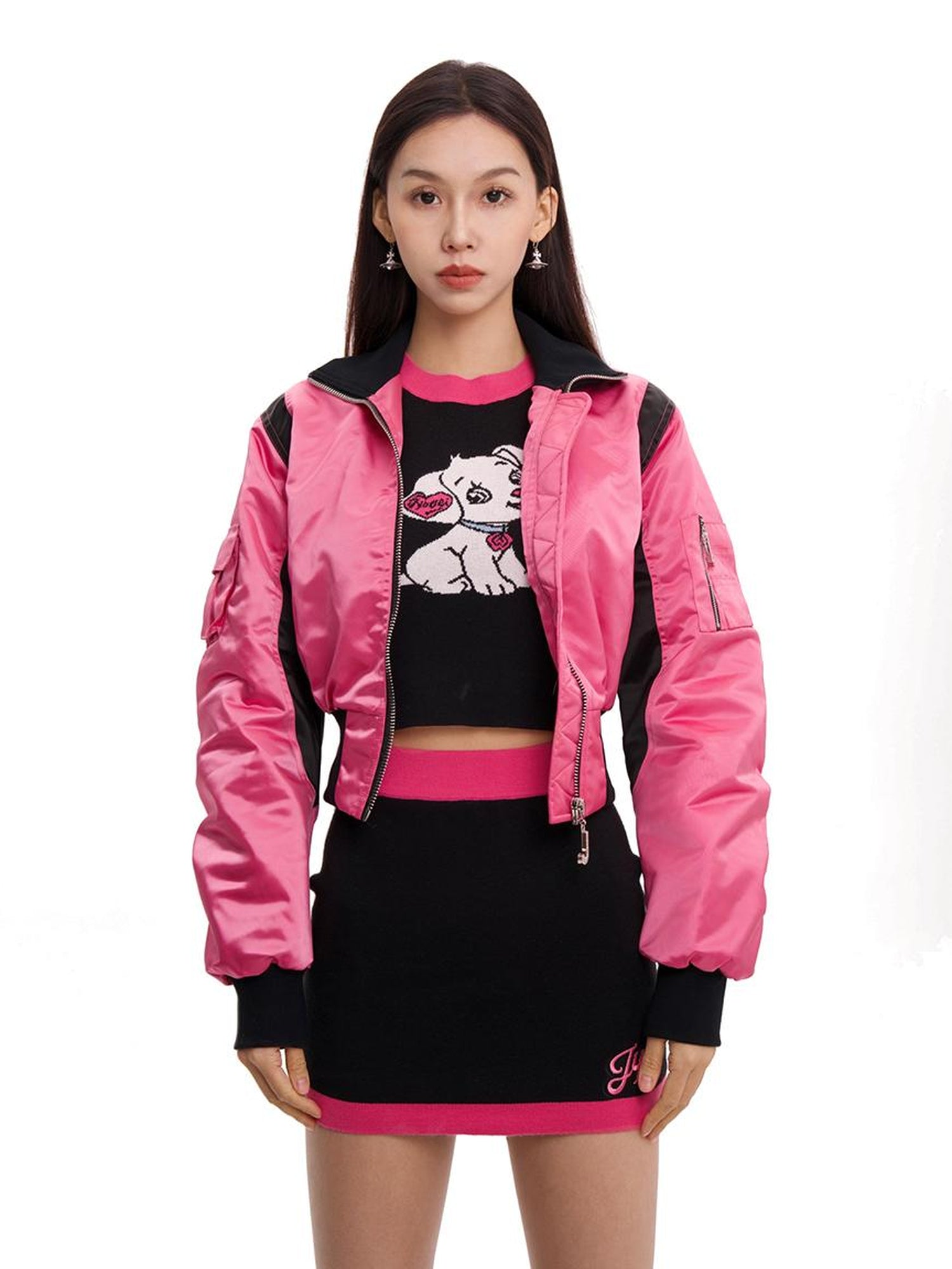JYOSEI Women Black Pink Cropped Jacket With Pleated Detail