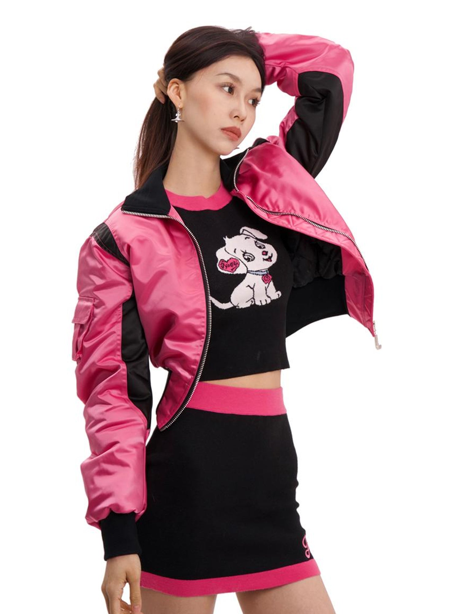 JYOSEI Women Black Pink Cropped Jacket With Pleated Detail