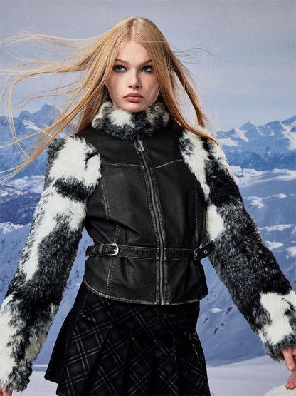 Women Black White Faux Fur Leather Biker Jacket