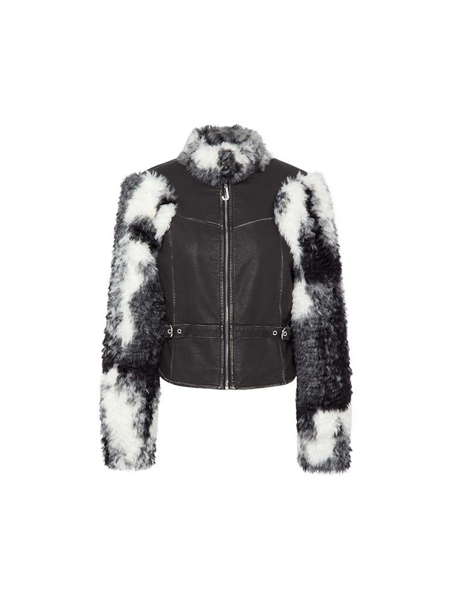 JYOSEI Women Black White Faux Fur Leather Biker Jacket
