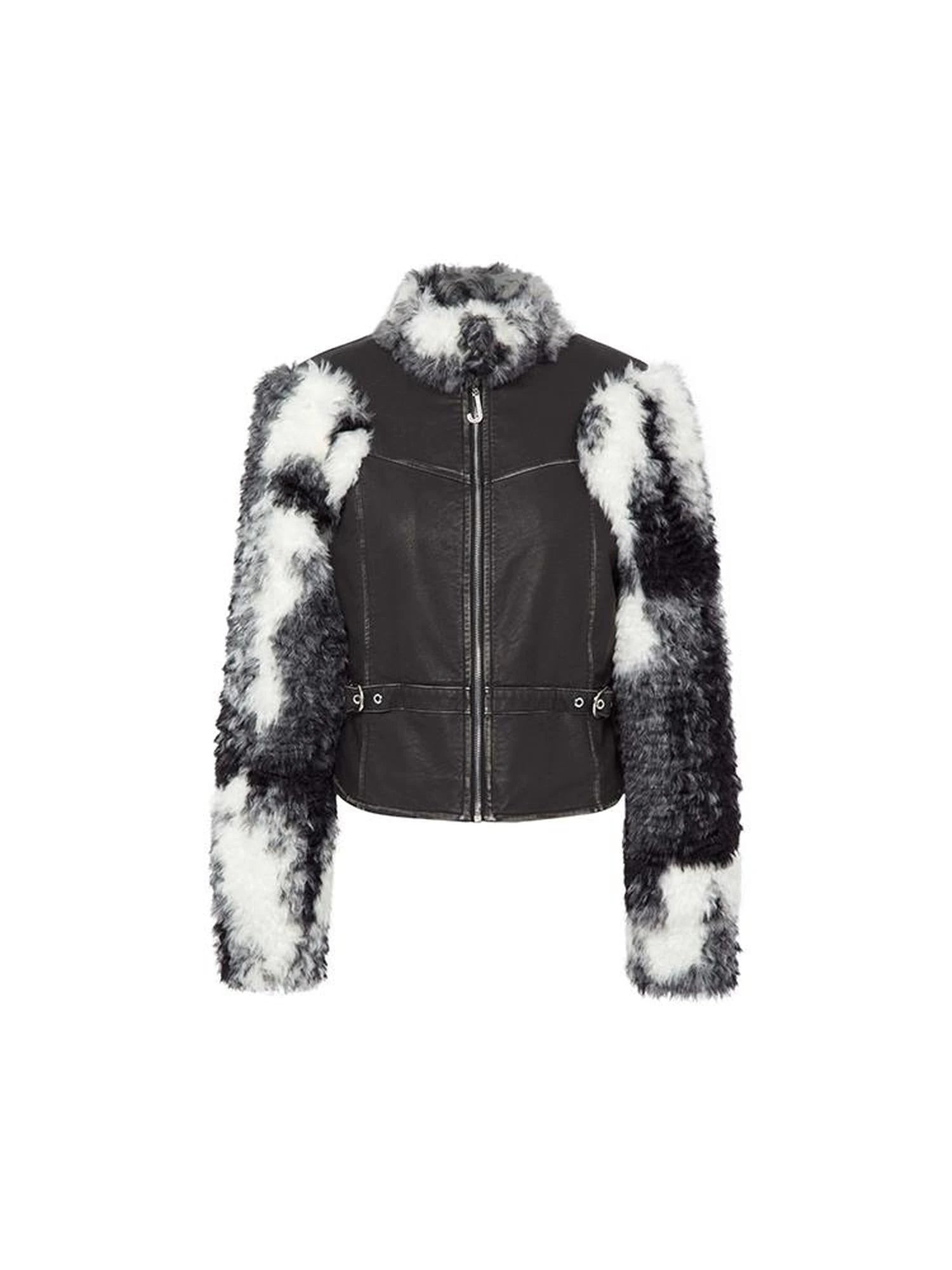 Women Black White Faux Fur Leather Biker Jacket