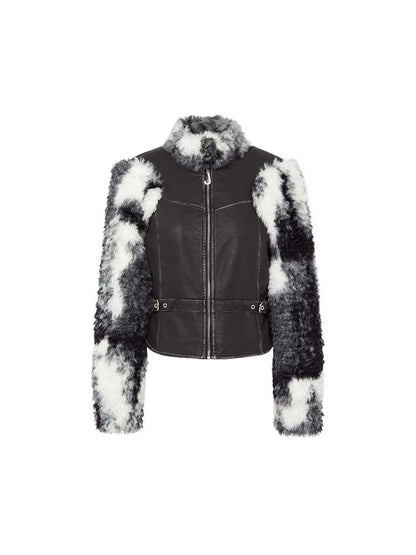 Women Black White Faux Fur Leather Biker Jacket