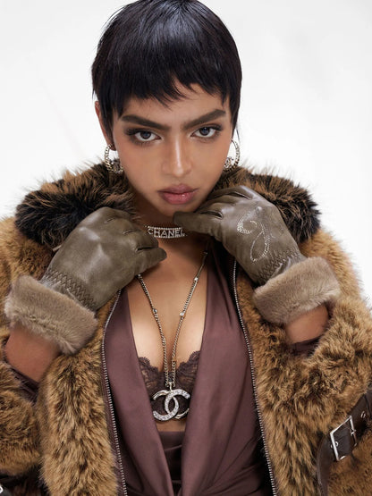 Women Christmas New Year Angora Blend Faux Leather Gloves With Rhinestones