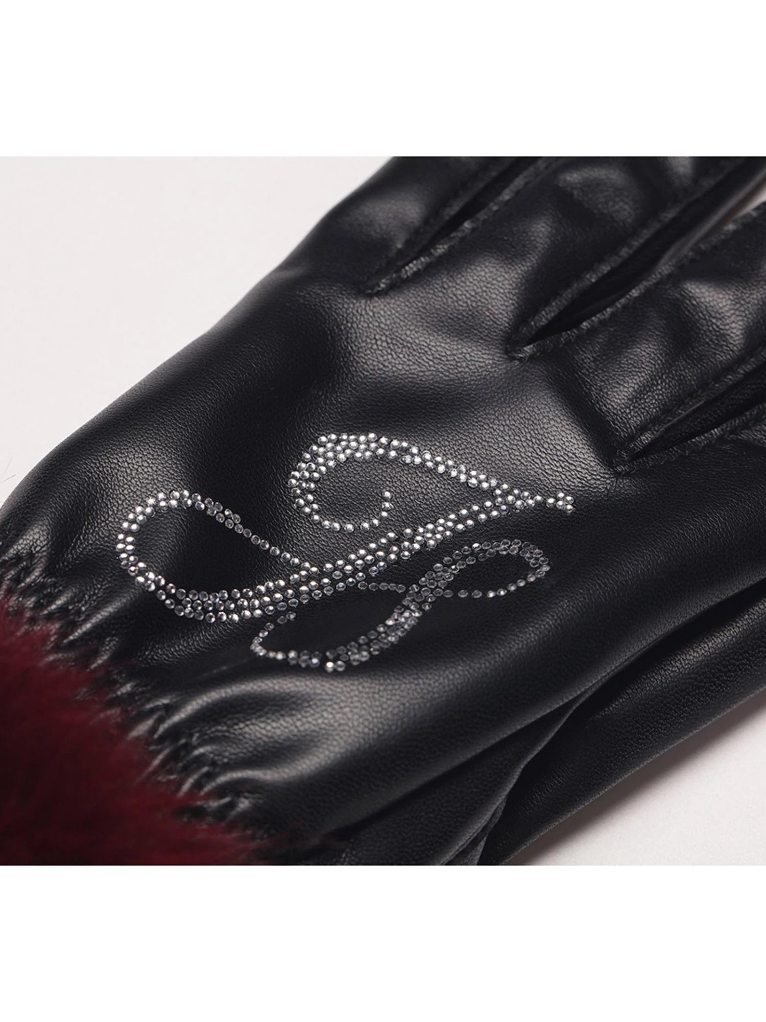 Women Christmas New Year Angora Blend Faux Leather Gloves With Rhinestones