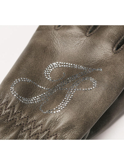 JYOSEI Women Christmas New Year Angora Blend Faux Leather Gloves With Rhinestones