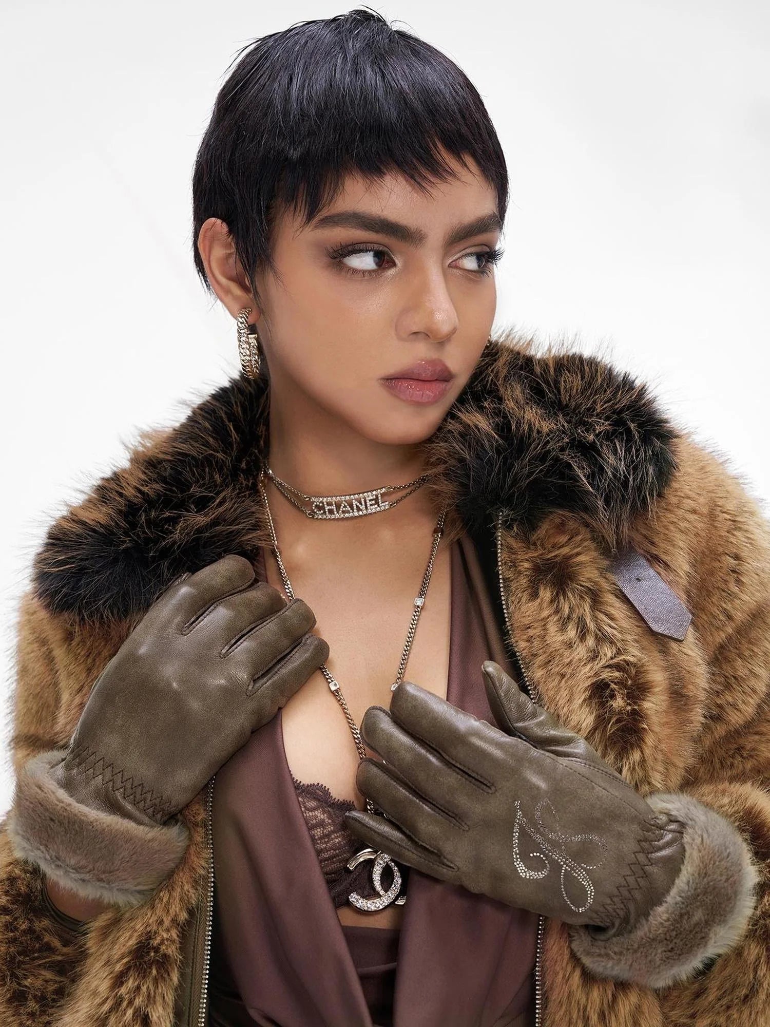 Women Christmas New Year Angora Blend Faux Leather Gloves With Rhinestones