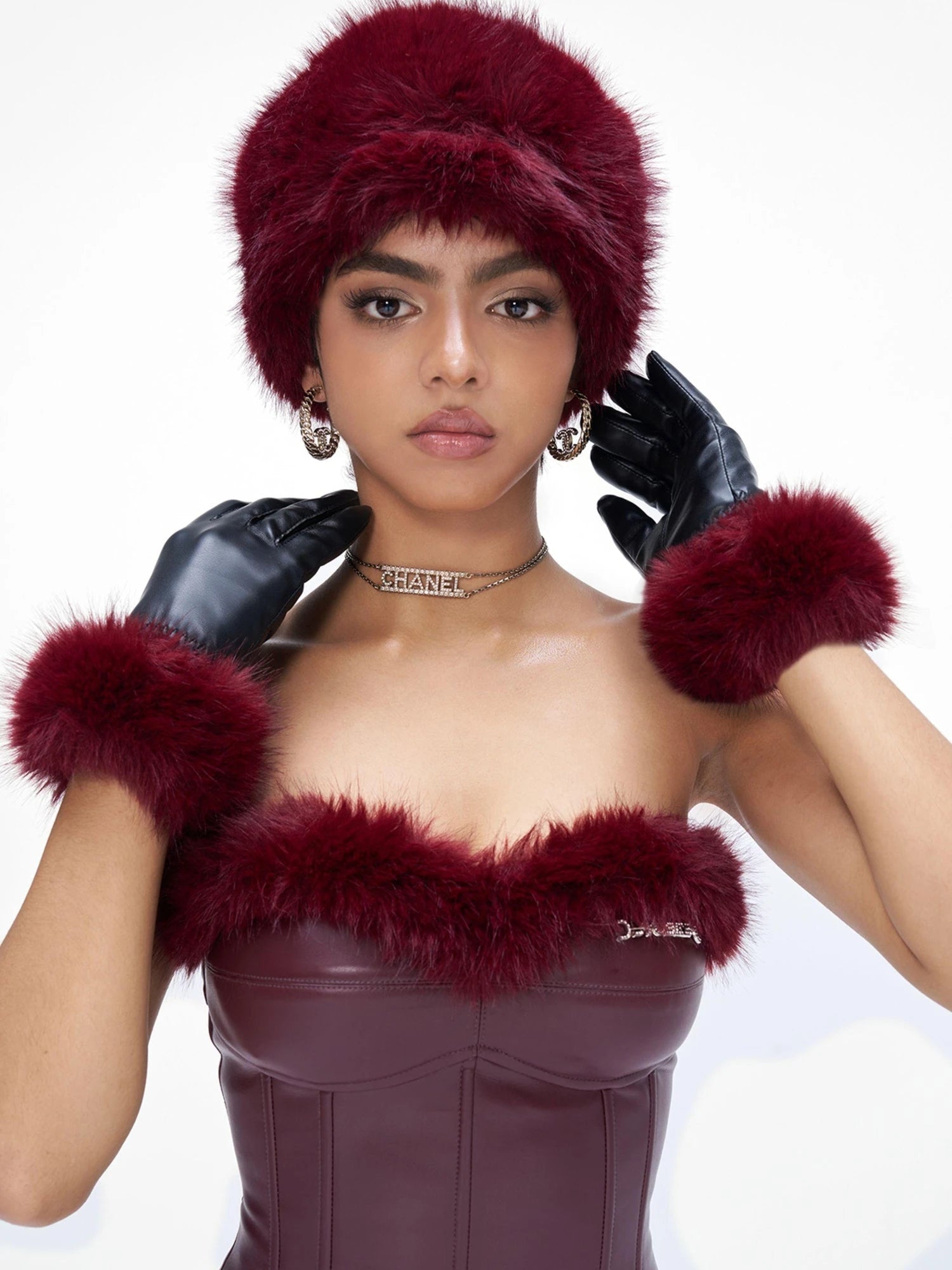 Women Christmas New Year Angora Blend Faux Leather Gloves With Rhinestones