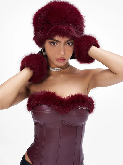 Women Christmas New Year Angora Blend Faux Leather Gloves With Rhinestones