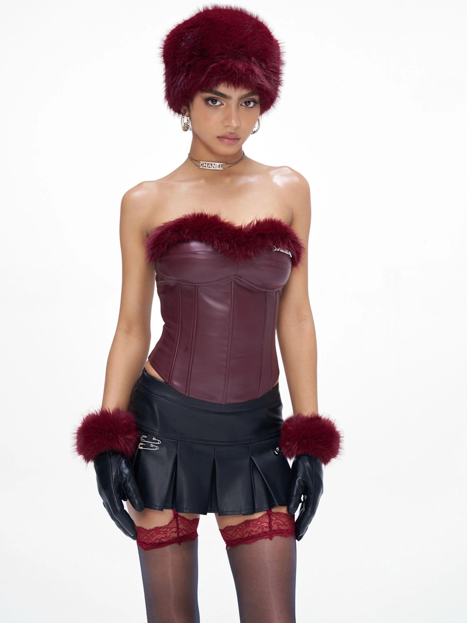 Women Christmas New Year Angora Blend Faux Leather Gloves With Rhinestones