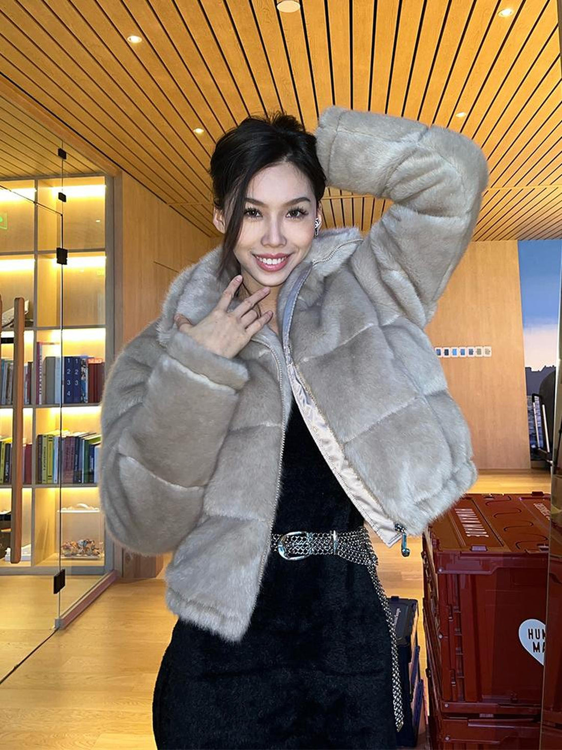 JYOSEI Women High Neck Faux Mink Plush Down Jacket With Drawstring