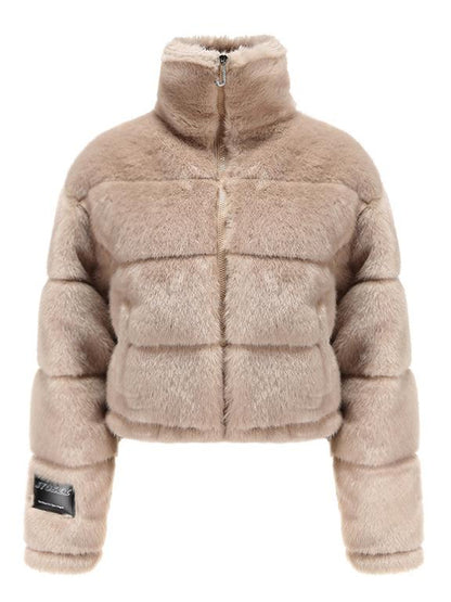 JYOSEI Women High Neck Faux Mink Plush Down Jacket With Drawstring