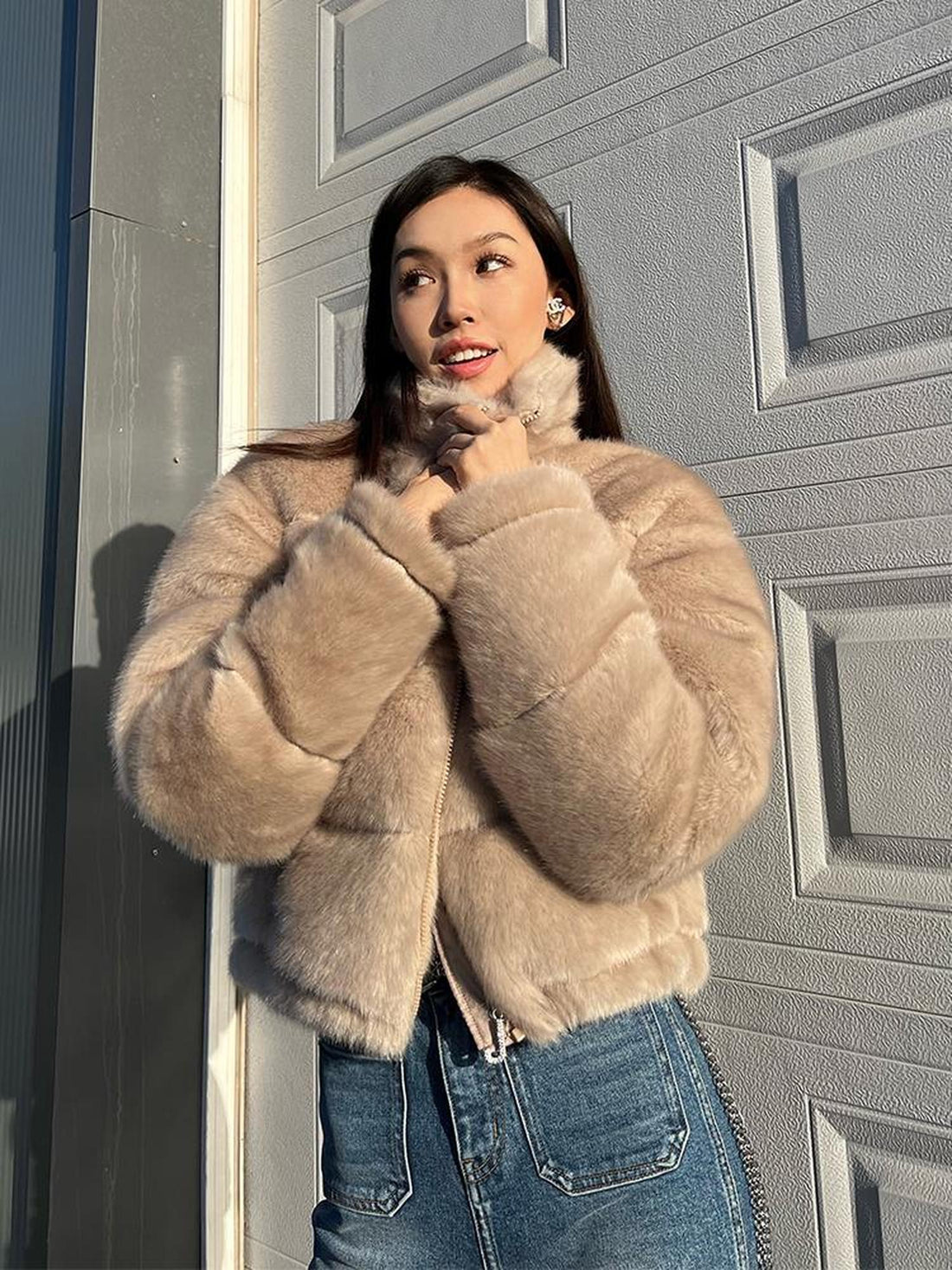 JYOSEI Women High Neck Faux Mink Plush Down Jacket With Drawstring