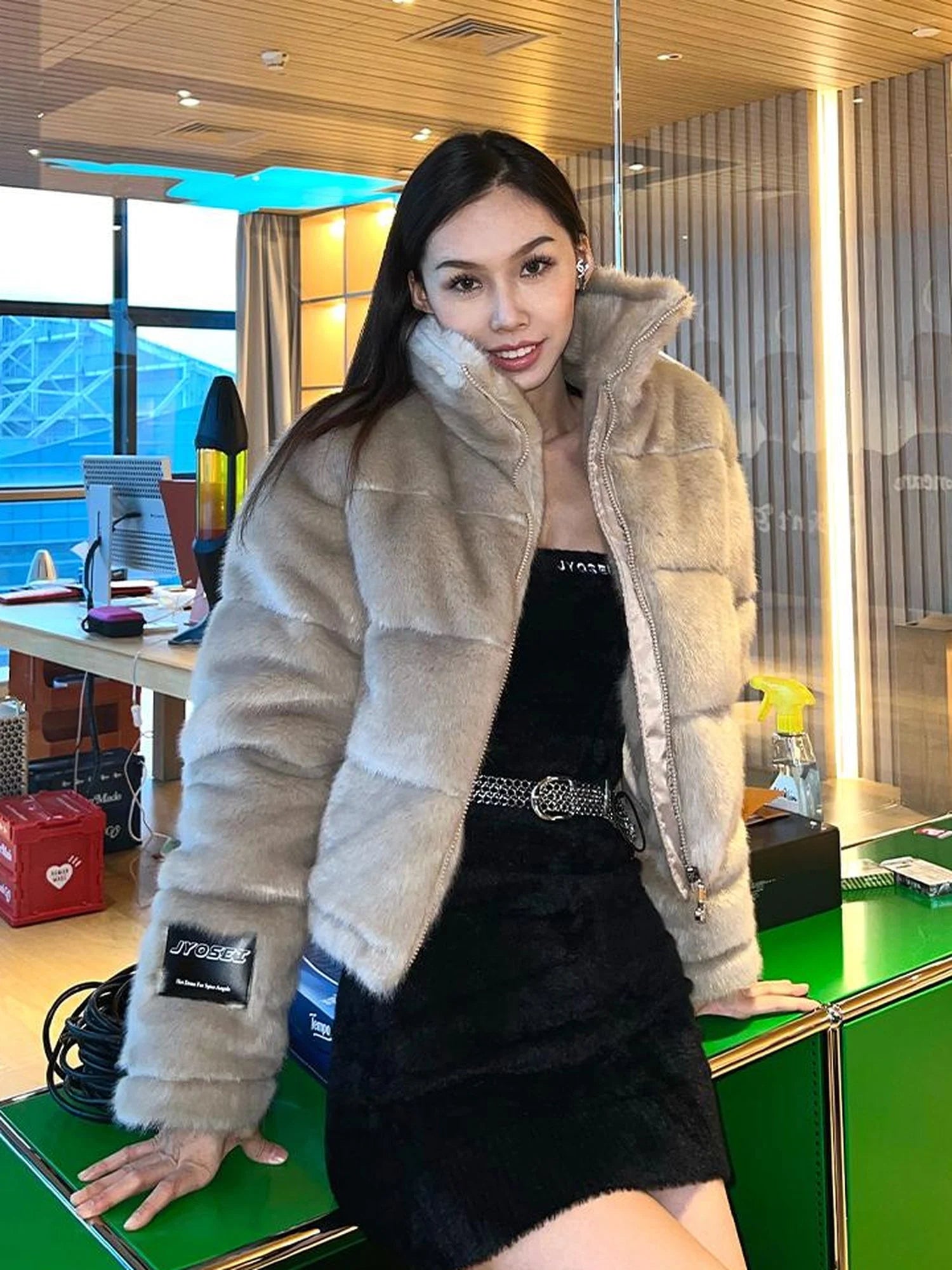 Women High Neck Faux Mink Plush Down Jacket With Drawstring