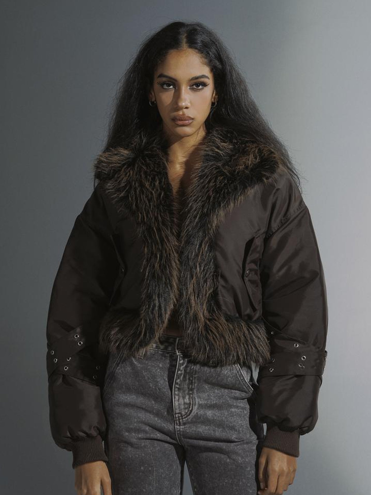 JYOSEI Women Winter Quilted Jacket With Gray Fur Collar Loose Oversized Fashion