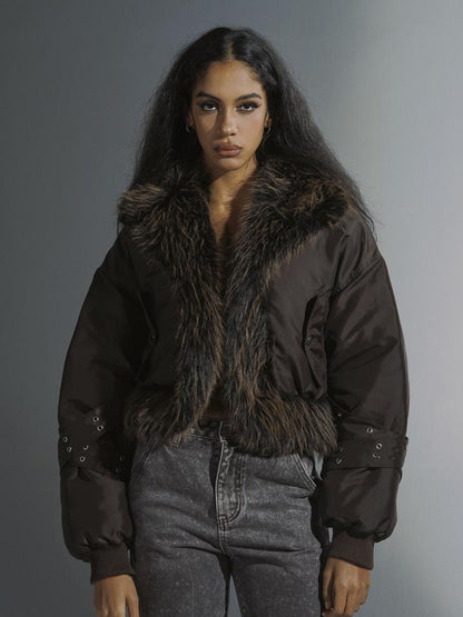 JYOSEI Women Winter Quilted Jacket With Gray Fur Collar Loose Oversized Fashion