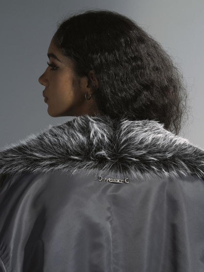 JYOSEI Women Winter Quilted Jacket With Gray Fur Collar Loose Oversized Fashion