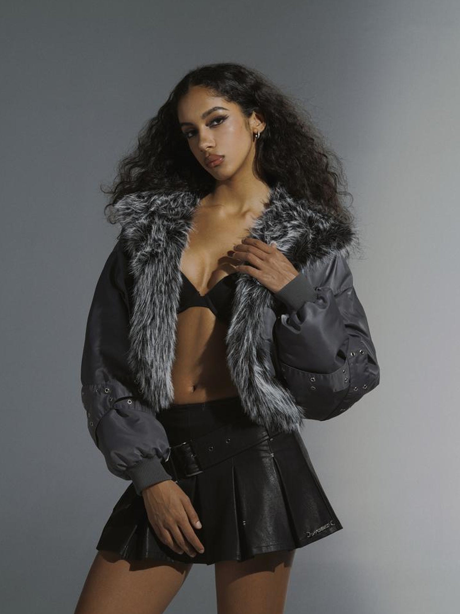 JYOSEI Women Winter Quilted Jacket With Gray Fur Collar Loose Oversized Fashion