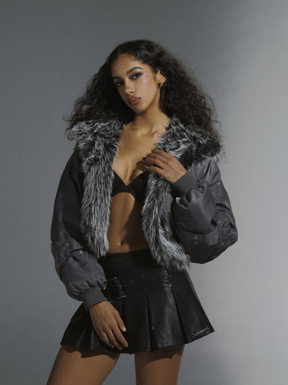 JYOSEI Women Winter Quilted Jacket With Gray Fur Collar Loose Oversized Fashion