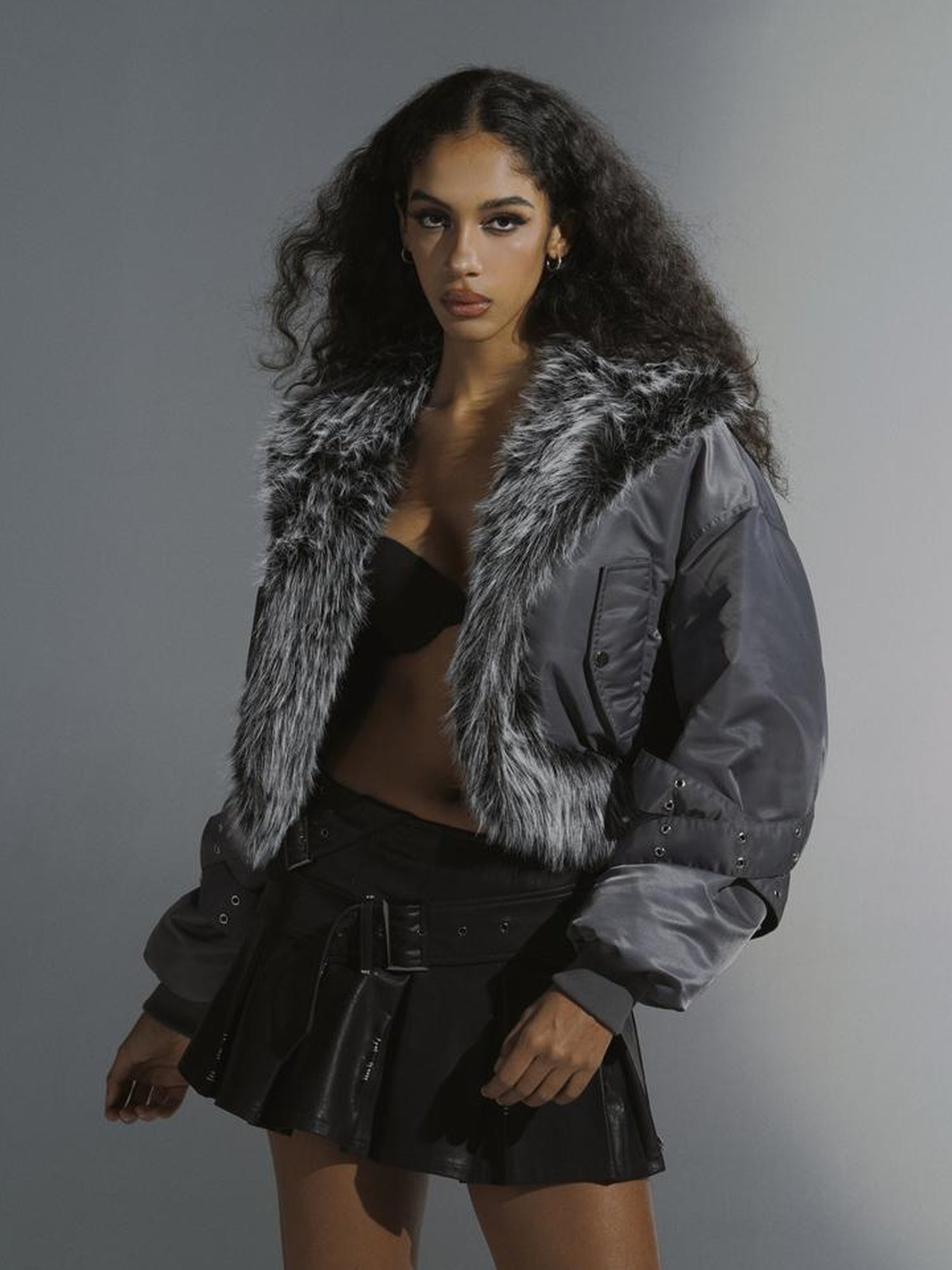 JYOSEI Women Winter Quilted Jacket With Gray Fur Collar Loose Oversized Fashion