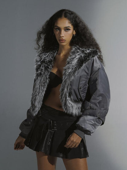 JYOSEI Women Winter Quilted Jacket With Gray Fur Collar Loose Oversized Fashion