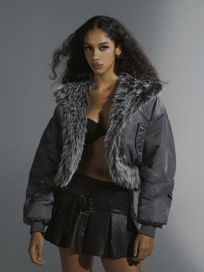 JYOSEI Women Winter Quilted Jacket With Gray Fur Collar Loose Oversized Fashion