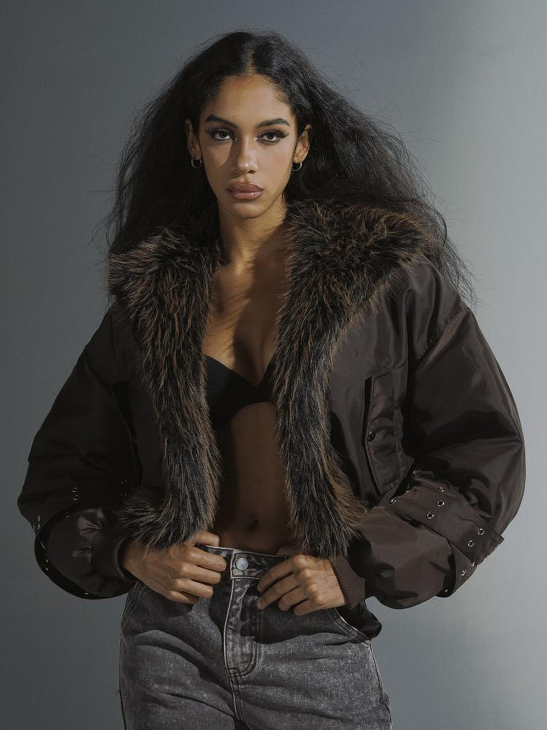 JYOSEI Women Winter Quilted Jacket With Gray Fur Collar Loose Oversized Fashion