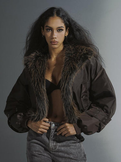 JYOSEI Women Winter Quilted Jacket With Gray Fur Collar Loose Oversized Fashion