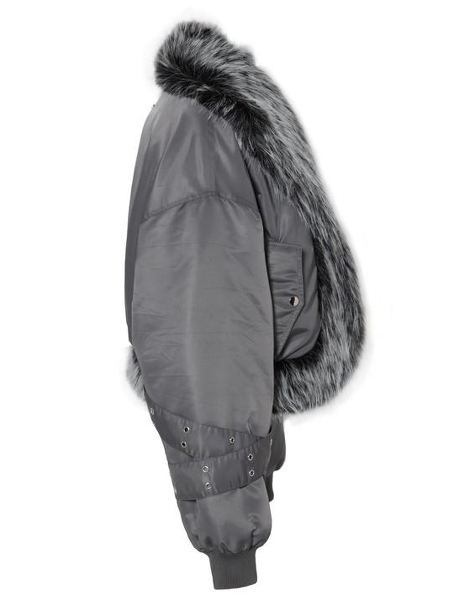 JYOSEI Women Winter Quilted Jacket With Gray Fur Collar Loose Oversized Fashion