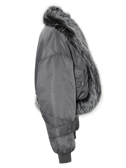 JYOSEI Women Winter Quilted Jacket With Gray Fur Collar Loose Oversized Fashion