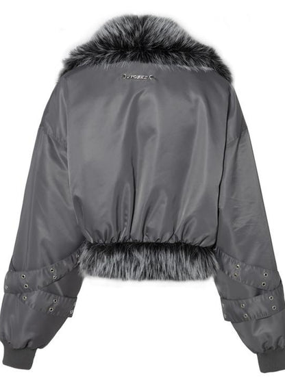 JYOSEI Women Winter Quilted Jacket With Gray Fur Collar Loose Oversized Fashion