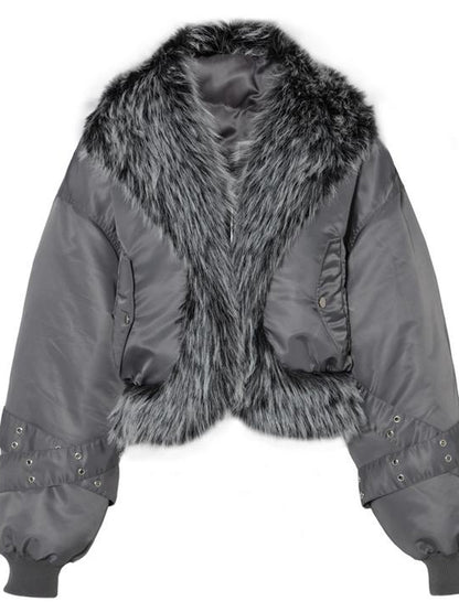 JYOSEI Women Winter Quilted Jacket With Gray Fur Collar Loose Oversized Fashion