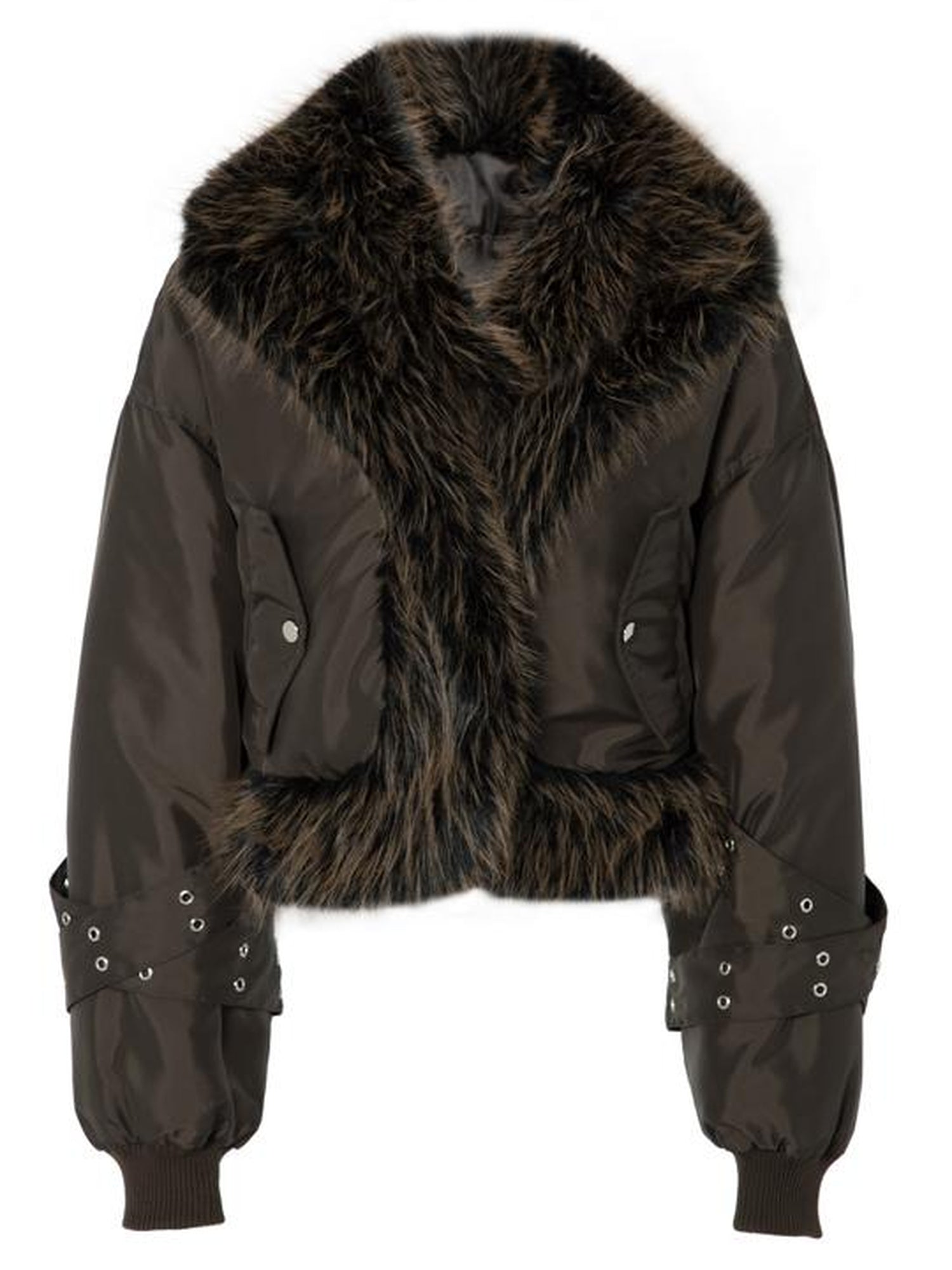 JYOSEI Women Winter Quilted Jacket With Gray Fur Collar Loose Oversized Fashion