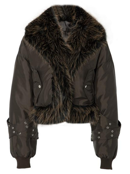 JYOSEI Women Winter Quilted Jacket With Gray Fur Collar Loose Oversized Fashion