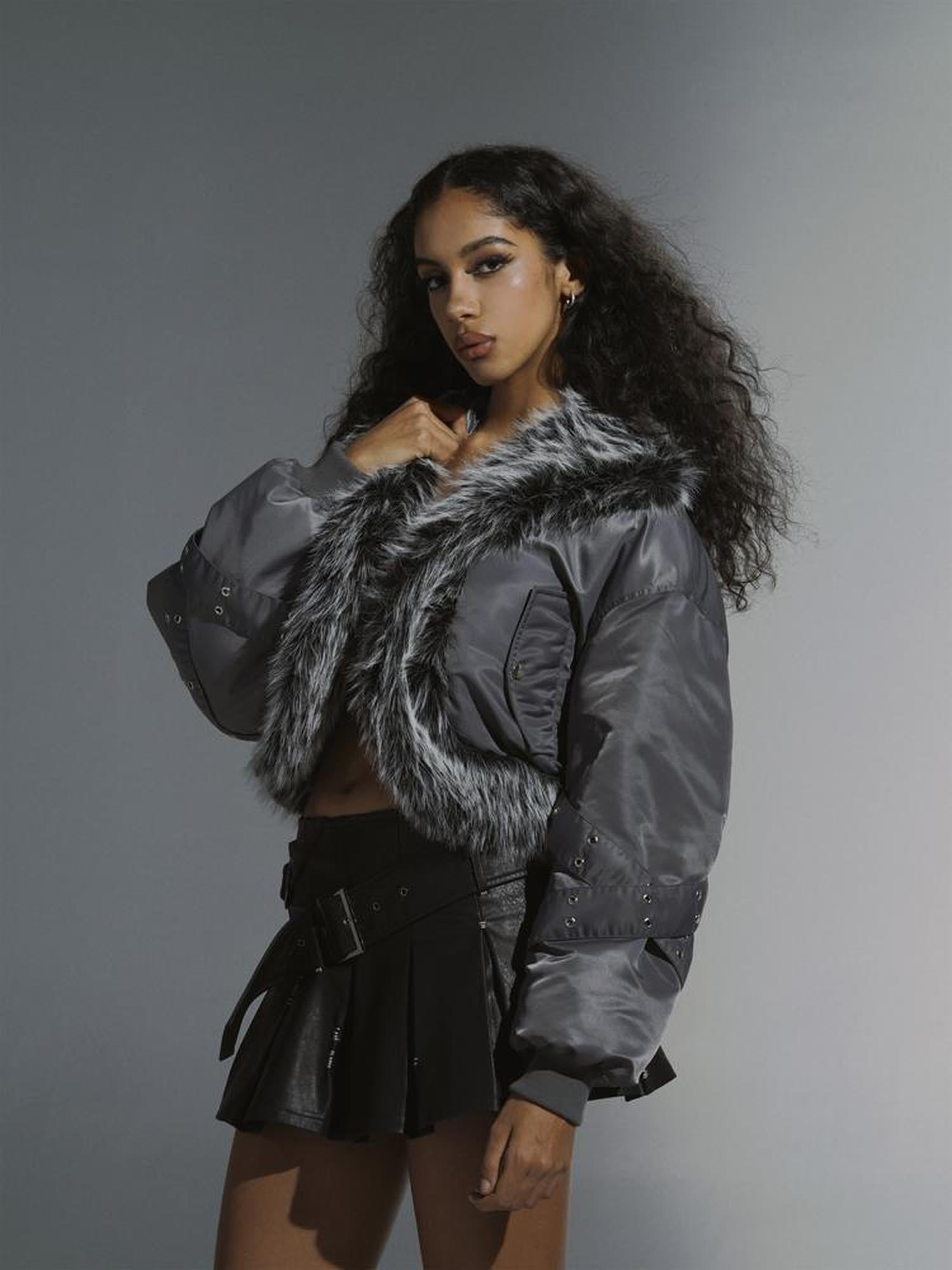 JYOSEI Women Winter Quilted Jacket With Gray Fur Collar Loose Oversized Fashion
