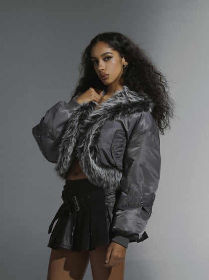 JYOSEI Women Winter Quilted Jacket With Gray Fur Collar Loose Oversized Fashion