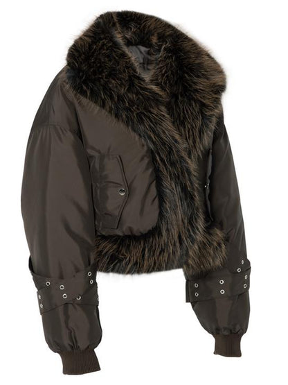 JYOSEI Women Winter Quilted Jacket With Gray Fur Collar Loose Oversized Fashion